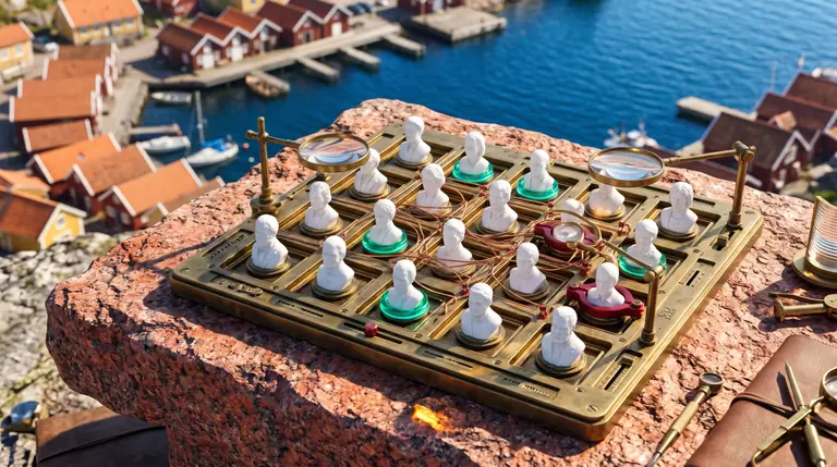 Ett mekaniskt deduktionsbräde i sten och mässing med ett rutnät av porslinsfigurer, förstoringsglas och koppartrådar i morgonsol.