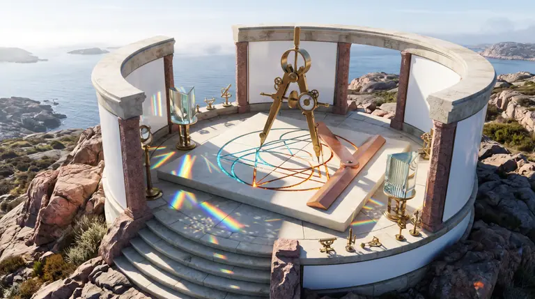 En monumental passare och linjal i mässing som ritar lysande geometriska cirklar och trianglar i en rund stenterrass vid havet.